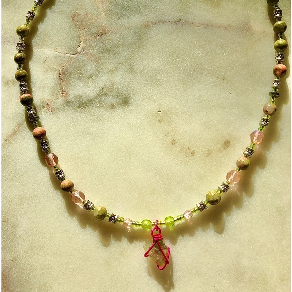Natural Moldavite Necklace with Unakite Stones, Czech Crystals & Wire Wrapped  💖 - Picture 8 of 15